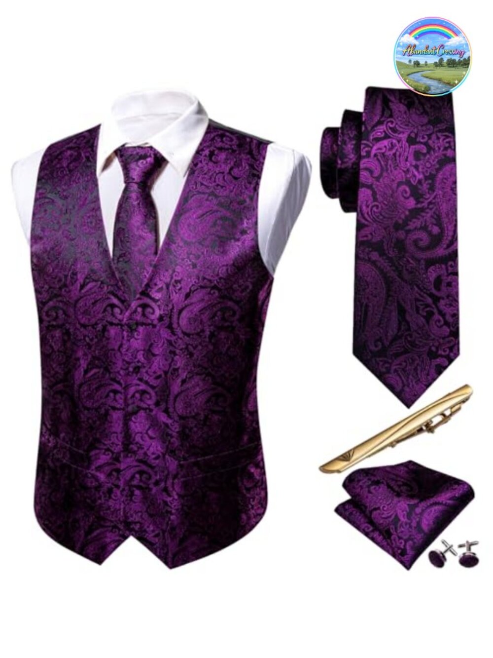 Men's Silk Blend Vest Tie Set 5 Piece Paisley Formal Tuxedo Wedding